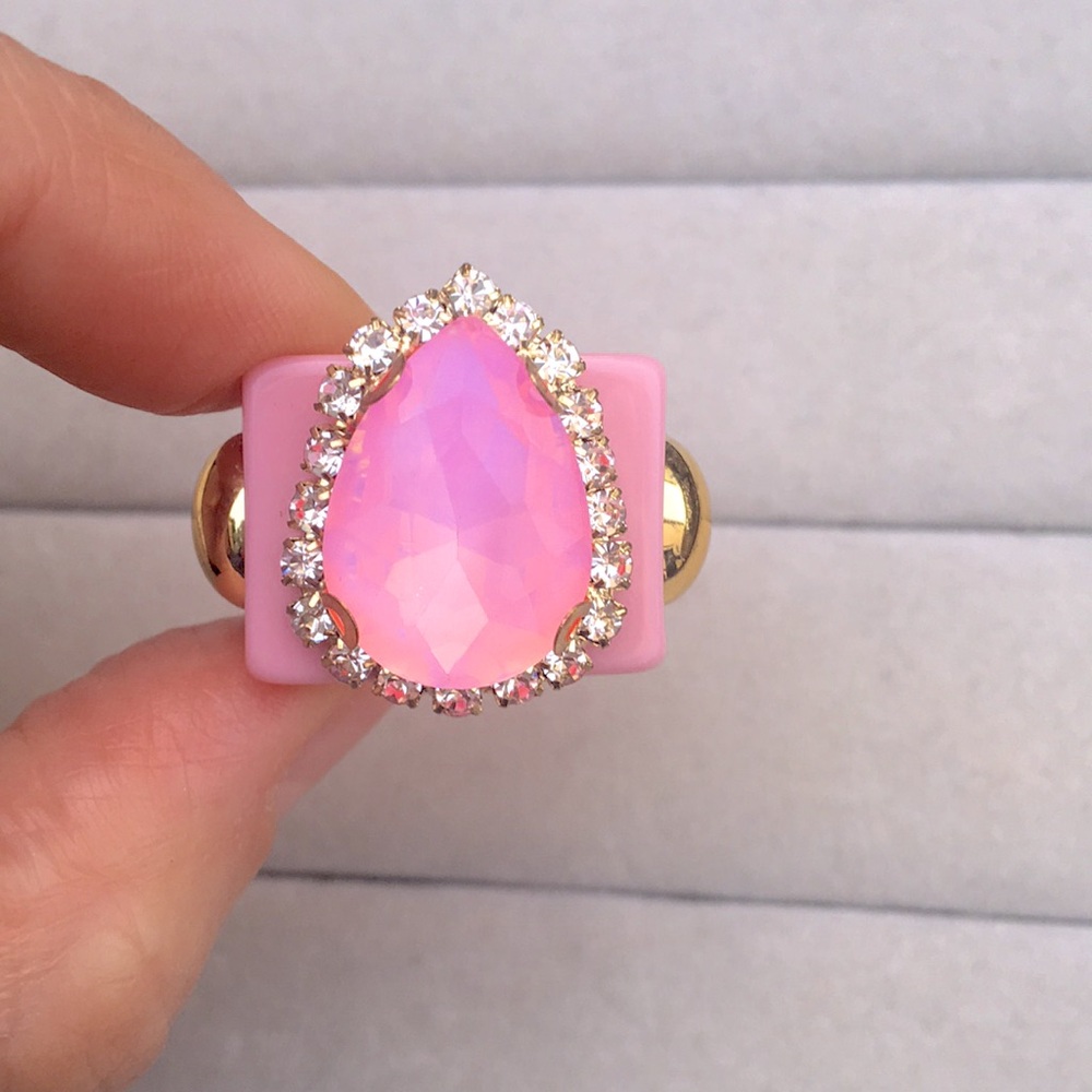 Pink Opal AB + Gold Crystal Halo Pear Statement Ring